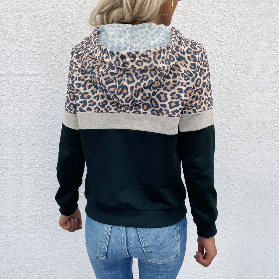 Damen Kapuzenpullover im Blockdesign mit Leopardenmuster, Kängurutasche und Tunnelzug Nord Taschen
