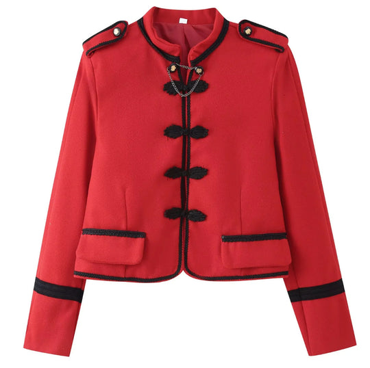 Damen 300+ taillierte Cropped‑Militärblazerjacke mit Stehkragen, Schulterpatten und dekorativen Froschverschlüssen Nord Taschen