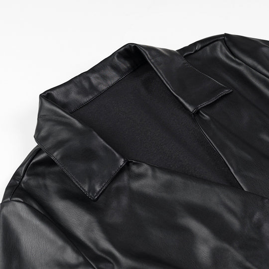Damen Wickel-Kunstleder-Minikleid mit Hemdkragen, geraffter Taillenpartie und Manschetten Nord Taschen