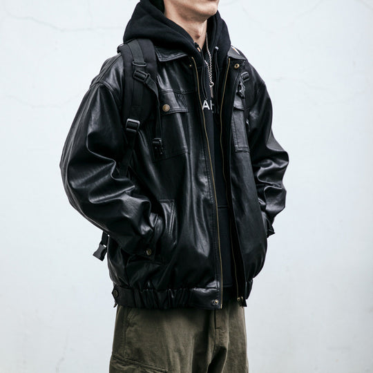 Herren Oversized Lederoptik-Utility-Jacke mit Pattentaschen und elastischem Saum Nord Taschen