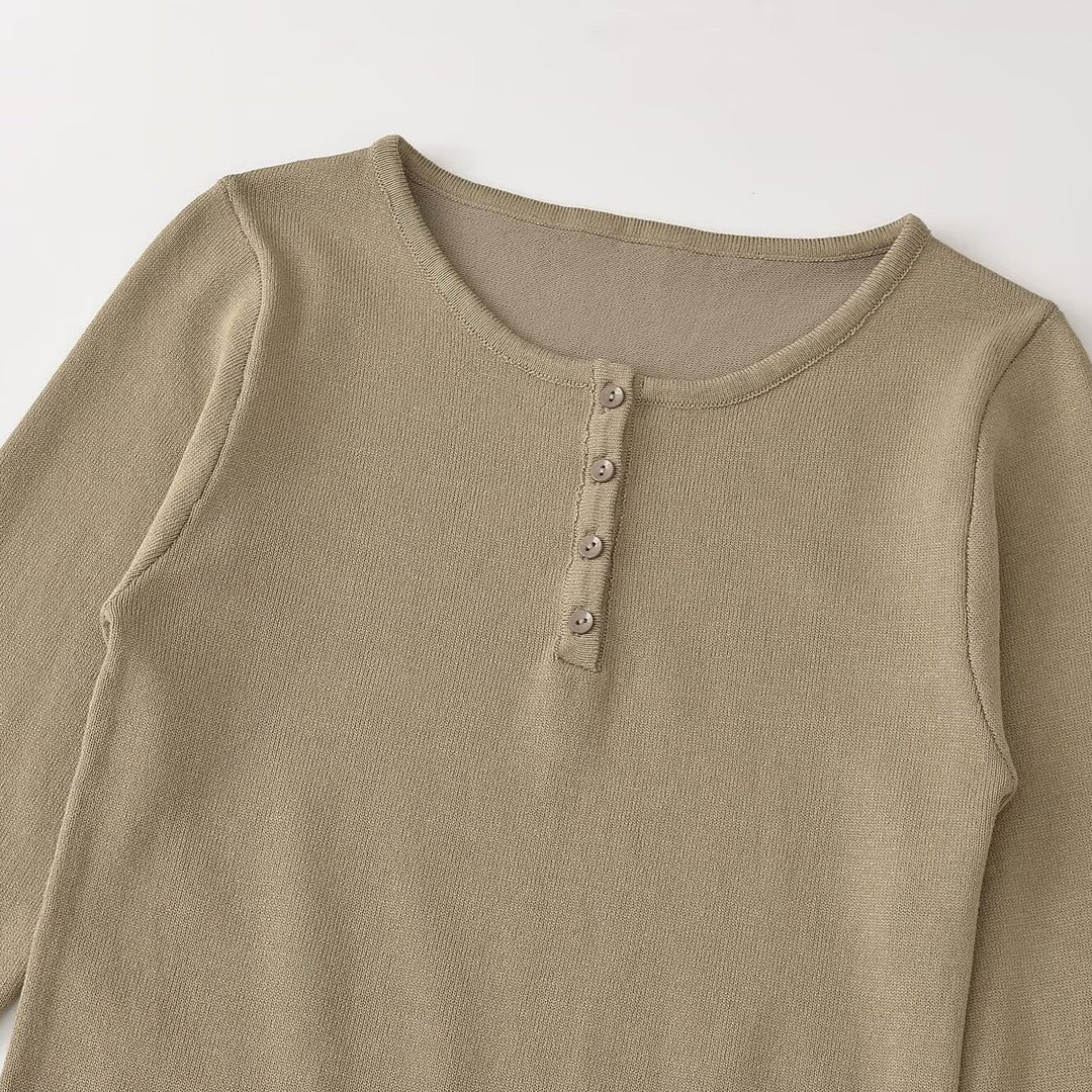 Damen Feinstrick-Longsleeve mit Henley-Knopfleiste und ausgestellten Trompetenärmeln Nord Taschen