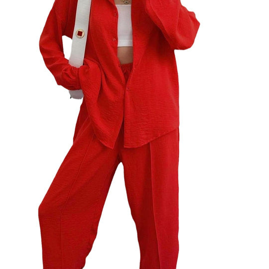 Damen Lässiges zweiteiliges Lounge-Set aus Crêpe mit Oversize-Hemd und hohem Elastikbund Nord Taschen