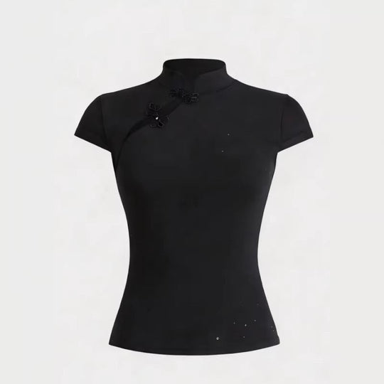 Damen Chinesisch inspirierte Bluse mit modernem Stehkragen und floralen Details