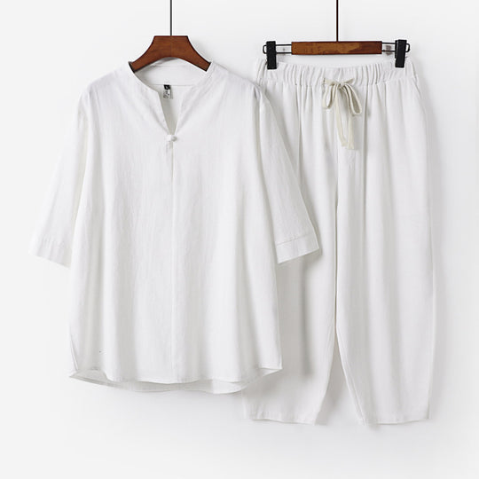 Damen Leichtes Leinen-Baumwoll-Loungewear-Set mit Stehkragen, Dreiviertelärmeln und Gummizugbundhose Nord Taschen