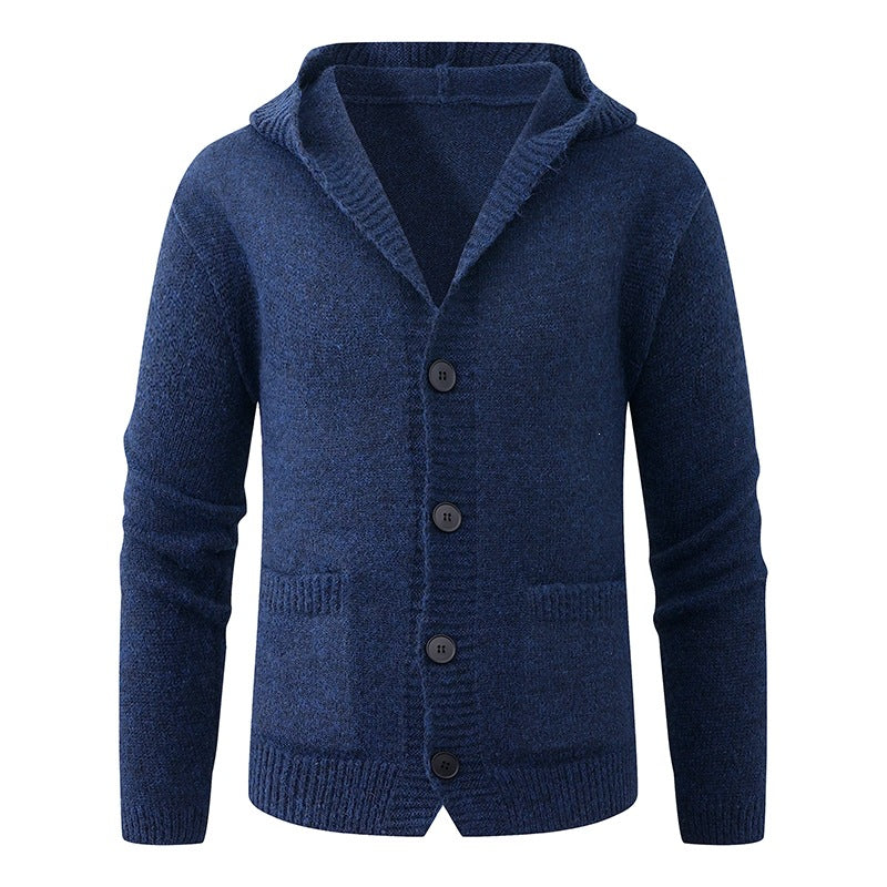 Herren Kapuzen-Strickcardigan aus Thermo-Feinstrick mit durchgehender Knopfleiste und Eingrifftaschen Nord Taschen