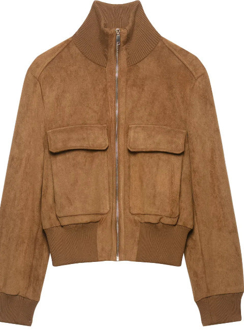 Damen Kurz geschnittene Wollmix-Jacke mit Stehkragen, Reißverschluss und Ballonärmeln Nord Taschen