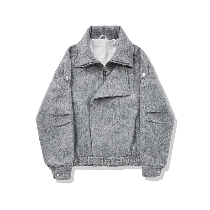 Damen Kurz geschnittene Wollmix-Bikerjacke mit asymmetrischer Front und Taillengürtel Nord Taschen