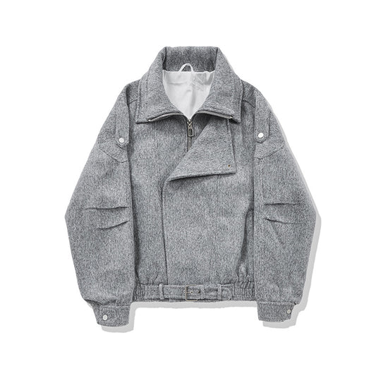 Damen Kurz geschnittene Wollmix-Bikerjacke mit asymmetrischer Front und Taillengürtel Nord Taschen
