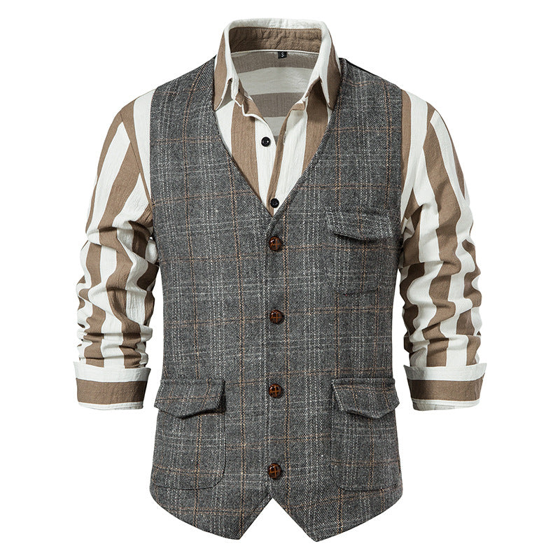 Herren kariertes Wollmix Gilet mit Brusttasche und aufgesetzten Seitentaschen Nord Taschen