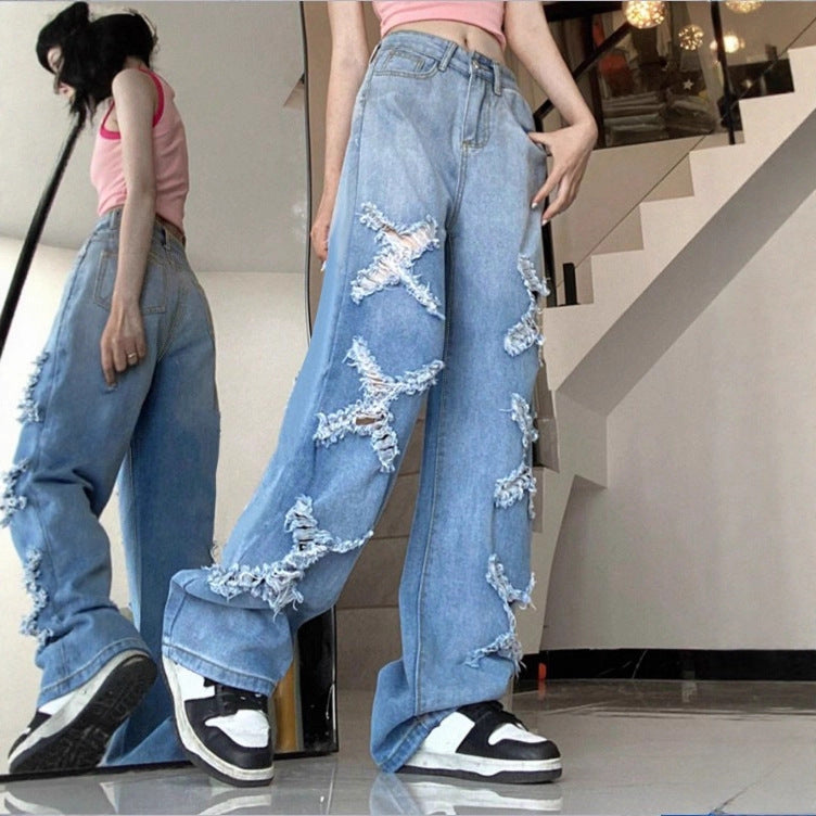 Damen Weite Denim-Jeans im Baggy-Stil mit dekorativen Fransenstern-Applikationen Nord Taschen