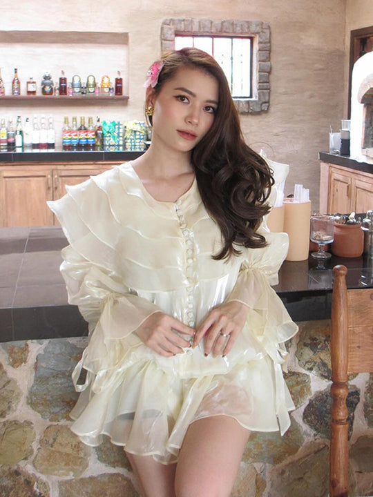 Damen Rüschiges Chiffon-Minikleid mit Volants, transparenter Lage und Knopfblende Nord Taschen