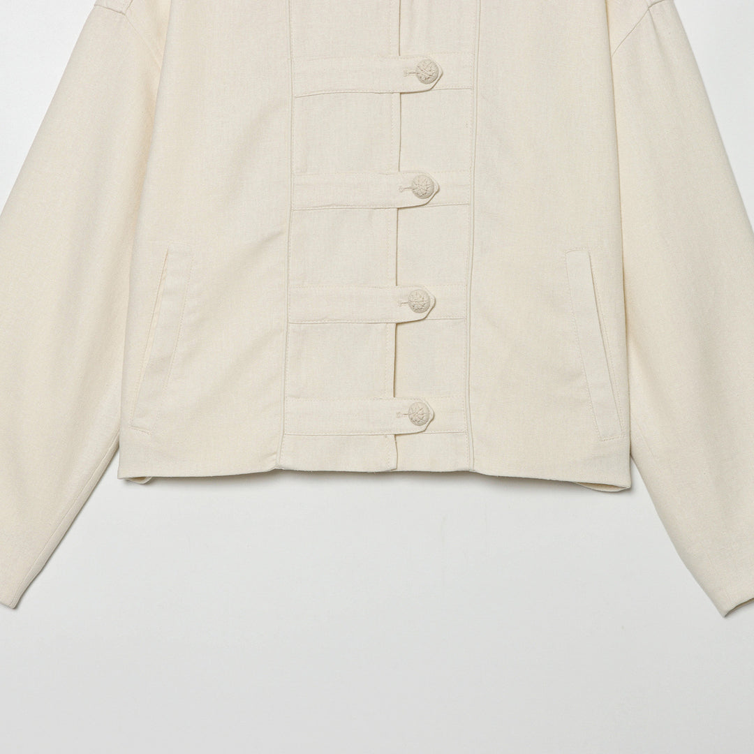 Damen Cropped Jacke mit Stehkragen und dekorativen Knotenknöpfen Nord Taschen
