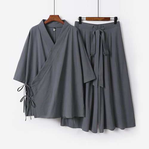 Damen Kimono-Loungewear-Set aus leichter Viskose mit Wickeloberteil und weitem Culotte-Hosenrock Nord Taschen