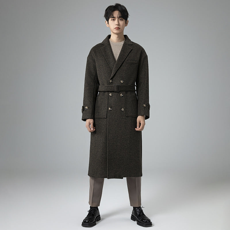 Herren Maxilanger Wollmix-Mantel im Tweed-Look mit Oversize-Schnitt, Doppelreihe und Bindegürtel Nord Taschen
