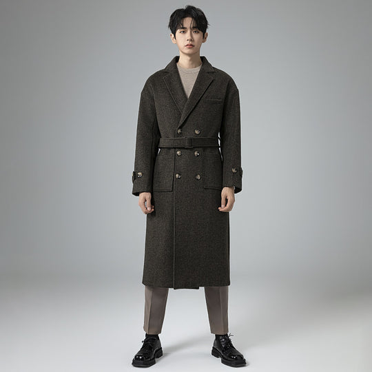 Herren Maxilanger Wollmix-Mantel im Tweed-Look mit Oversize-Schnitt, Doppelreihe und Bindegürtel Nord Taschen