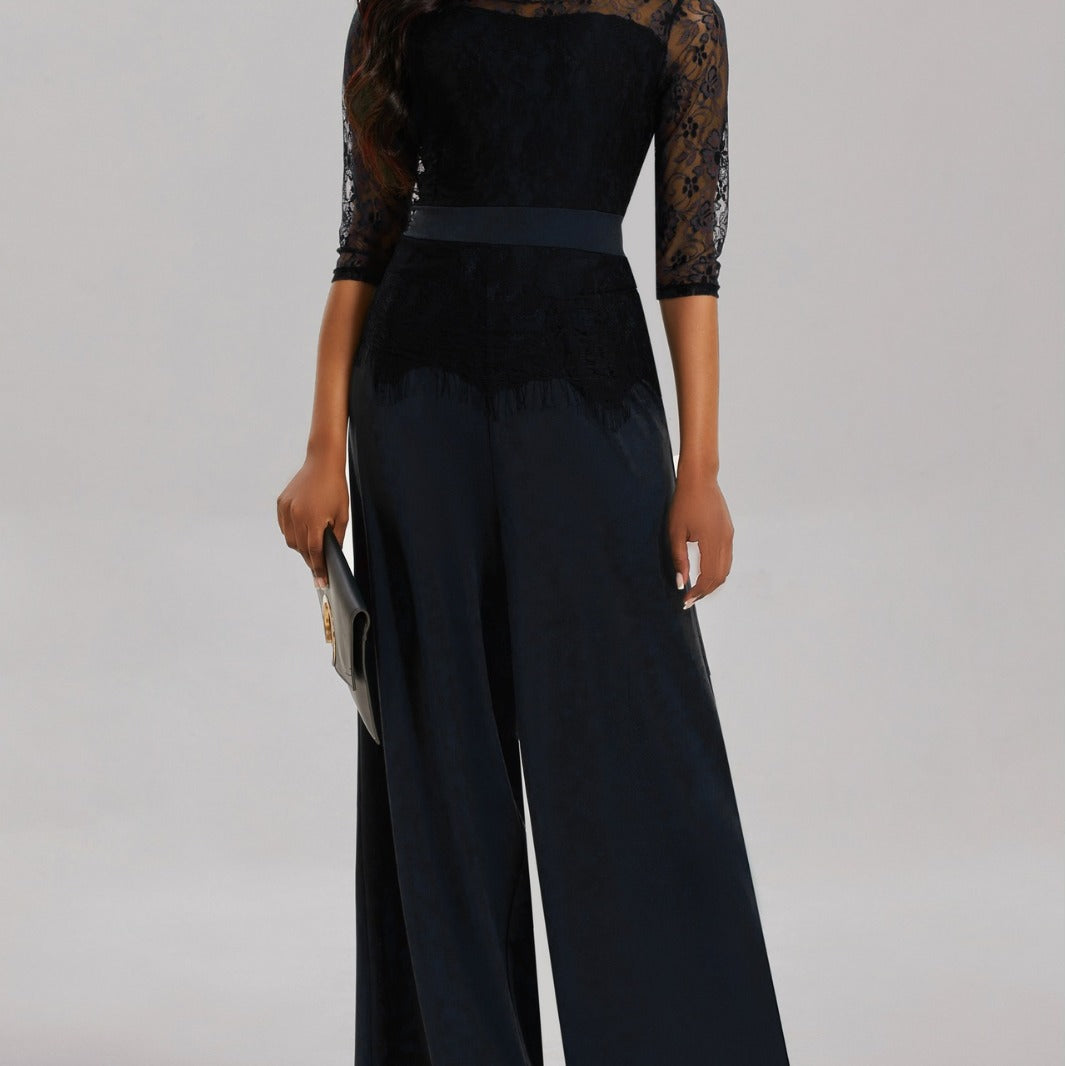 Eleganter Damen Jumpsuit mit Spitzenärmeln und Weitem Bein | Avellé
