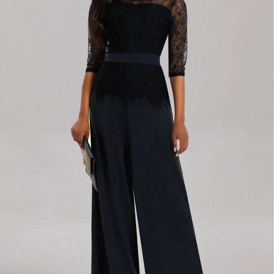 Eleganter Damen Jumpsuit mit Spitzenärmeln und Weitem Bein | Avellé