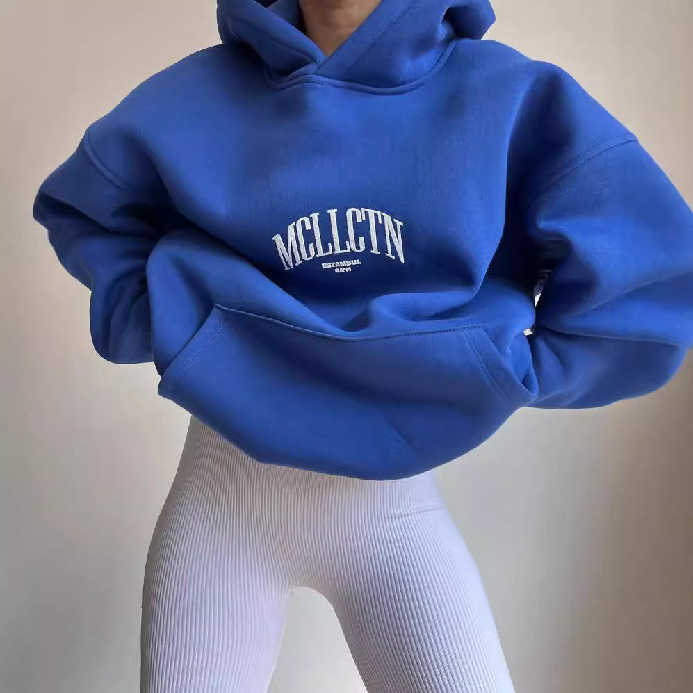 Damen Oversized Kapuzenpullover mit abstraktem Rückenprint und gerippten Bündchen Nord Taschen