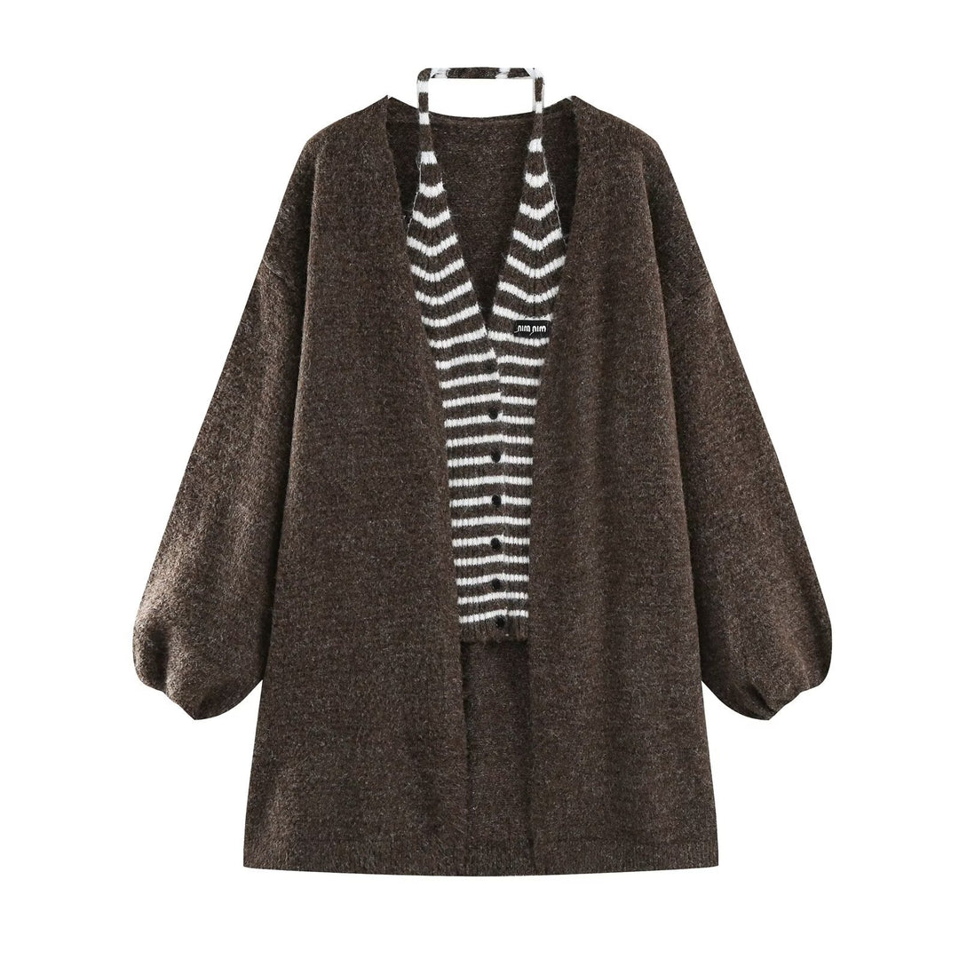 Damen Oversized Mohairoptik-Cardigan mit Ballonärmeln und gestreiftem Einsatz Nord Taschen