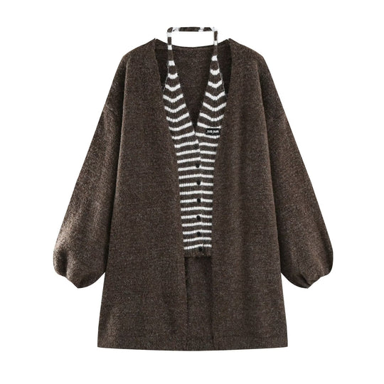 Damen Oversized Mohairoptik-Cardigan mit Ballonärmeln und gestreiftem Einsatz Nord Taschen