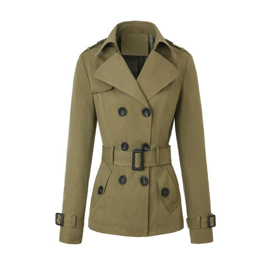 Damen Kurztaillierter Doppelreihiger Trenchcoat mit markanter Gürtelschnalle Nord Taschen