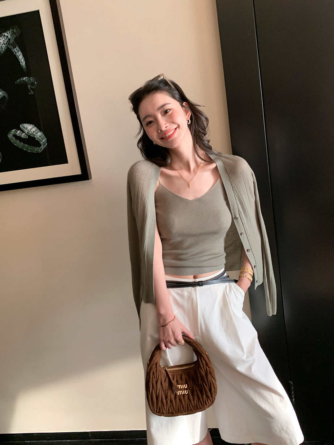 Damen Gerippter Cropped Spaghettiträger-Top mit passendem Feinstrick-Cardigan Set Nord Taschen