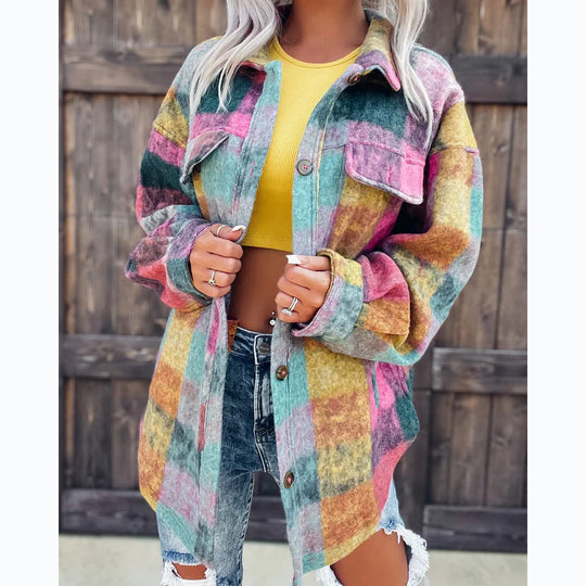 Damen Karo Oversize-Hemdjacke aus weichem Wollmaterial mit praktischen Taschen Nord Taschen