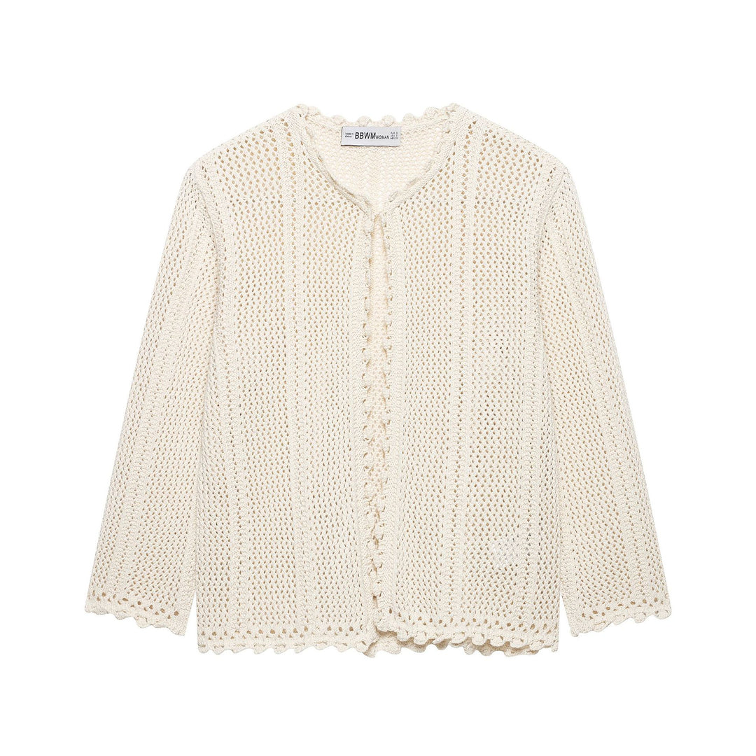 Damen Leichter Häkel-Cardigan mit Lochmuster, Scallop-Saum und kastiger Silhouette Nord Taschen