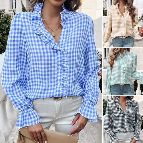 Damen Karierte Bluse mit Rüschendetails und Knopfleiste