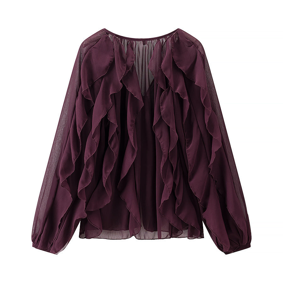 Damen Voluminöse Chiffonbluse mit mehrlagigen Volants und Knopfverschluss Nord Taschen