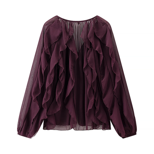 Damen Voluminöse Chiffonbluse mit mehrlagigen Volants und Knopfverschluss Nord Taschen