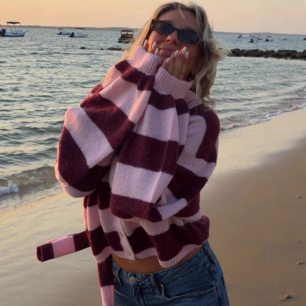 Damen Oversize Strickcardigan-Set mit Blockstreifen, Knopfleiste und passendem Schal Nord Taschen