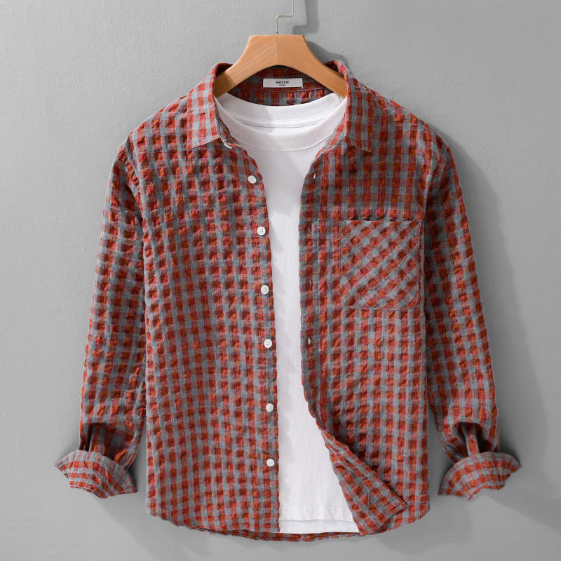Herren Leichtes Crinkle-Karo-Overshirt aus Baumwollmix mit aufgesetzter Brusttasche Nord Taschen