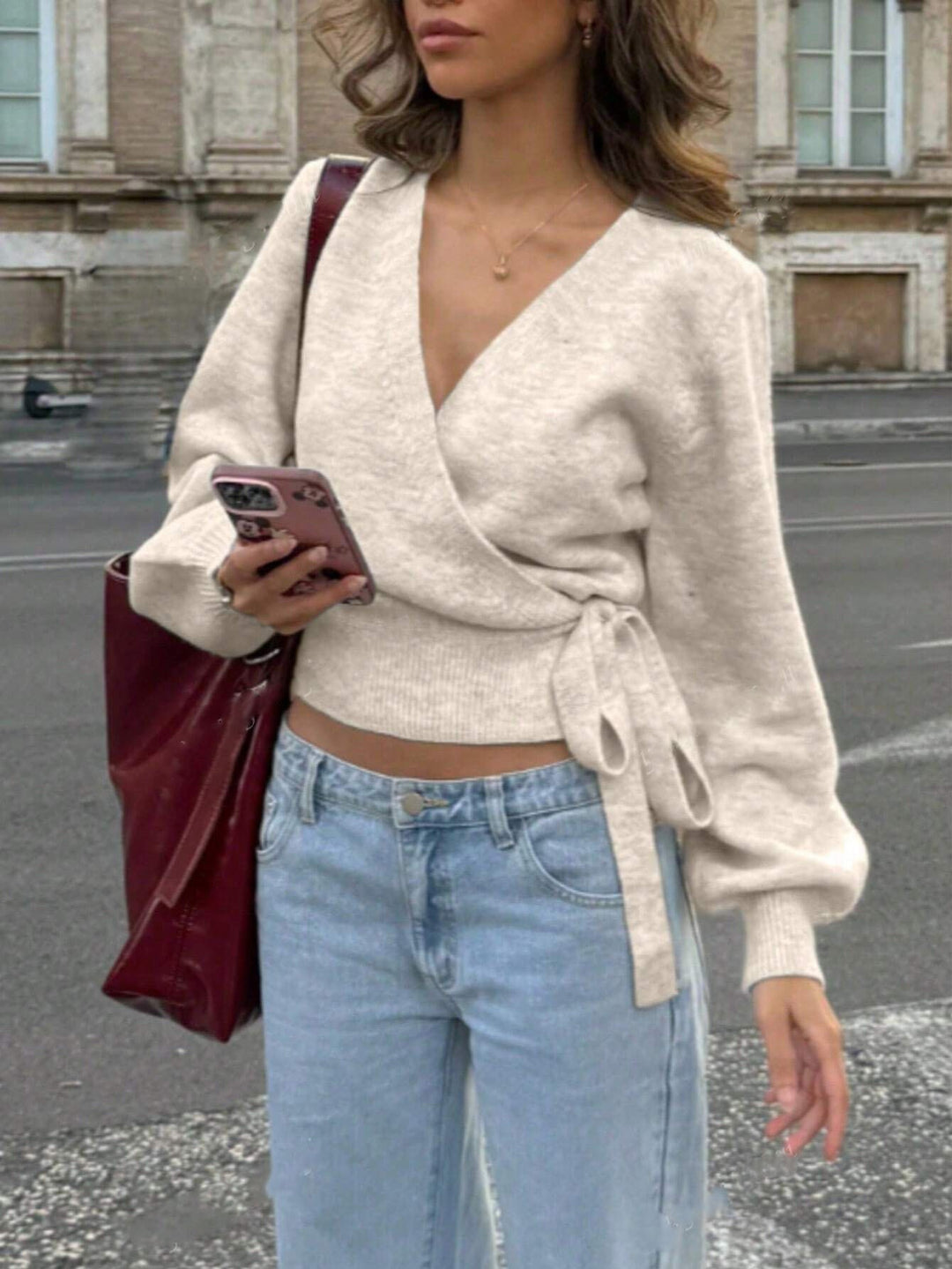 Damen Wickel-Strickpullover mit V-Ausschnitt, Bindegürtel und Ballonärmeln Nord Taschen