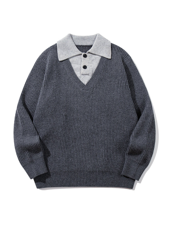 Herren Gerippter Strickpullover mit Polokragen‑Einsatz und tiefem V‑Ausschnitt Nord Taschen