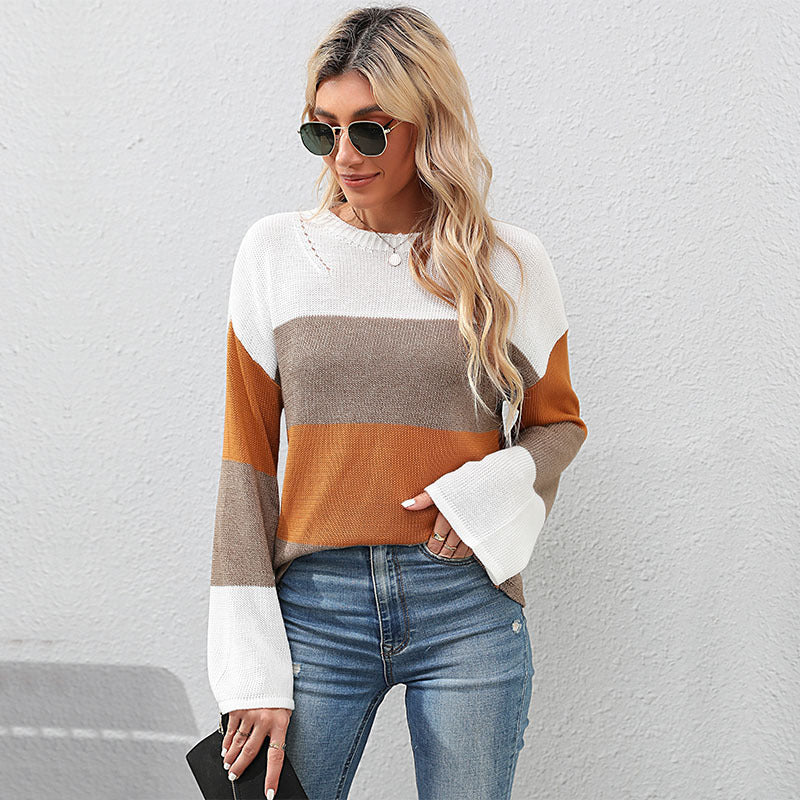 Damen Lässiger gestreifter Pullover mit weitem Schnitt Nord Taschen