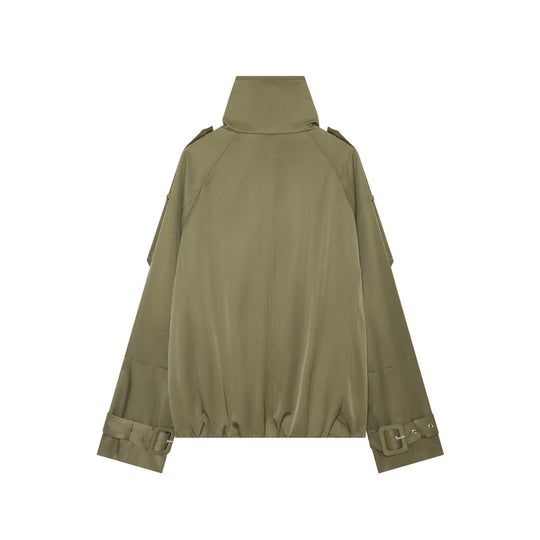 Damen Kurzes Doppelreiher‑Cape‑Trench mit hohem Funnelkragen und Ärmelriemen Nord Taschen
