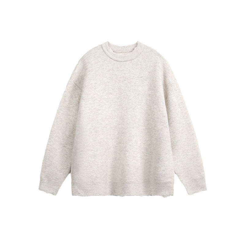Unisex Oversize Grobstrickpullover mit Rundhalsausschnitt und ausgefranstem Saum Nord Taschen