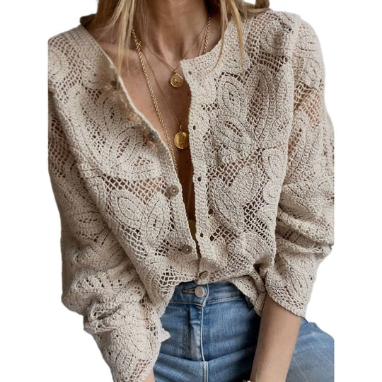 Damen Häkel-Cardigan mit Blumen‑Ajourmuster, Knopfleiste & gewelltem Saum Nord Taschen