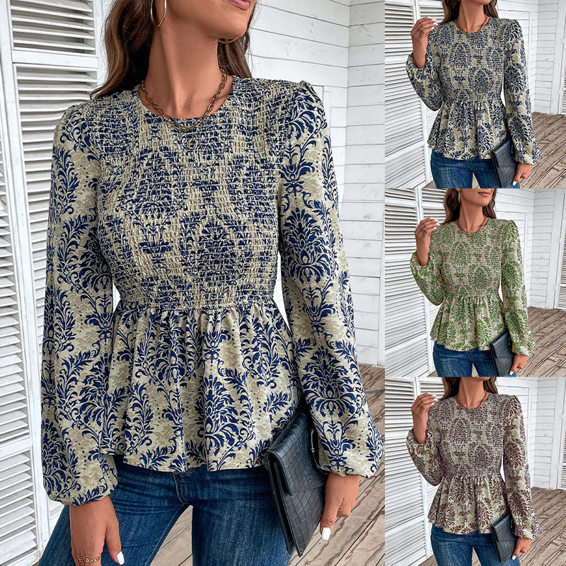 Damen Smock-Bluse mit Raffung, Ballonärmeln und Ornament-Print Nord Taschen