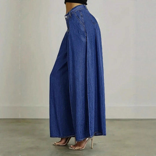 Damen Extraweite High‑Waist Denim‑Palazzohose mit fließendem Tellerfall Nord Taschen