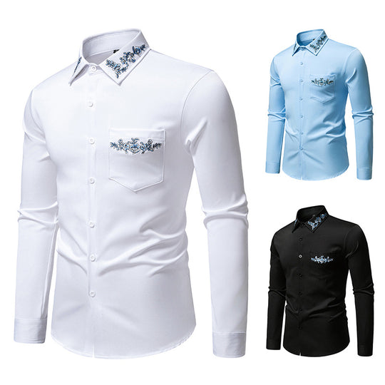Herren Elegantes Slim-Fit Hemd mit floraler Stickerei am Kragen und aufgesetzter Brusttasche Nord Taschen