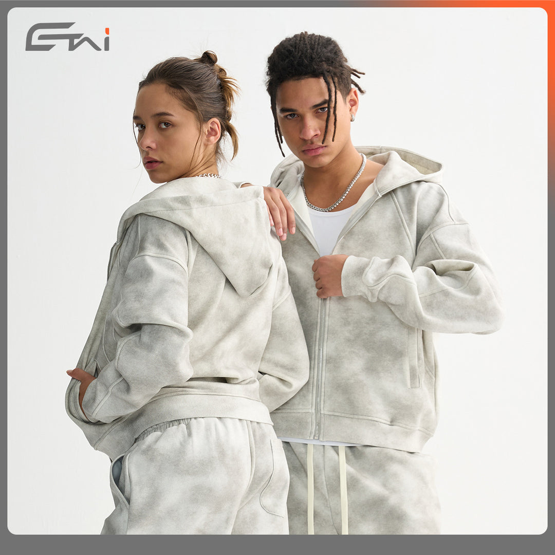 Unisex Boxy-Reißverschluss-Hoodie mit Nebel-Waschung und Raglanärmeln Nord Taschen