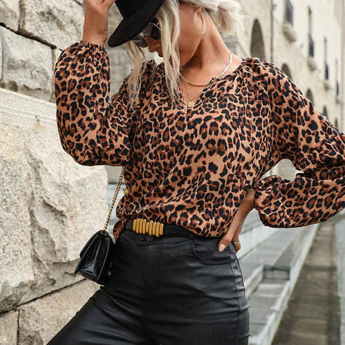 Damen Leopardenprint-Bluse mit V‑Ausschnitt, Ballonärmeln und lockerem Fall Nord Taschen