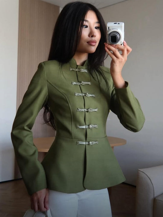 Damen Taillierte Militärinspirierte Jacke mit Stehkragen, Kordelverschlüssen und Schößchen Nord Taschen