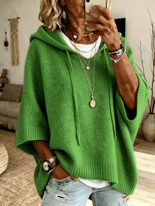 Damen Oversize Strick-Poncho mit Kapuze, Fledermausärmeln und Seitenschlitzen Nord Taschen
