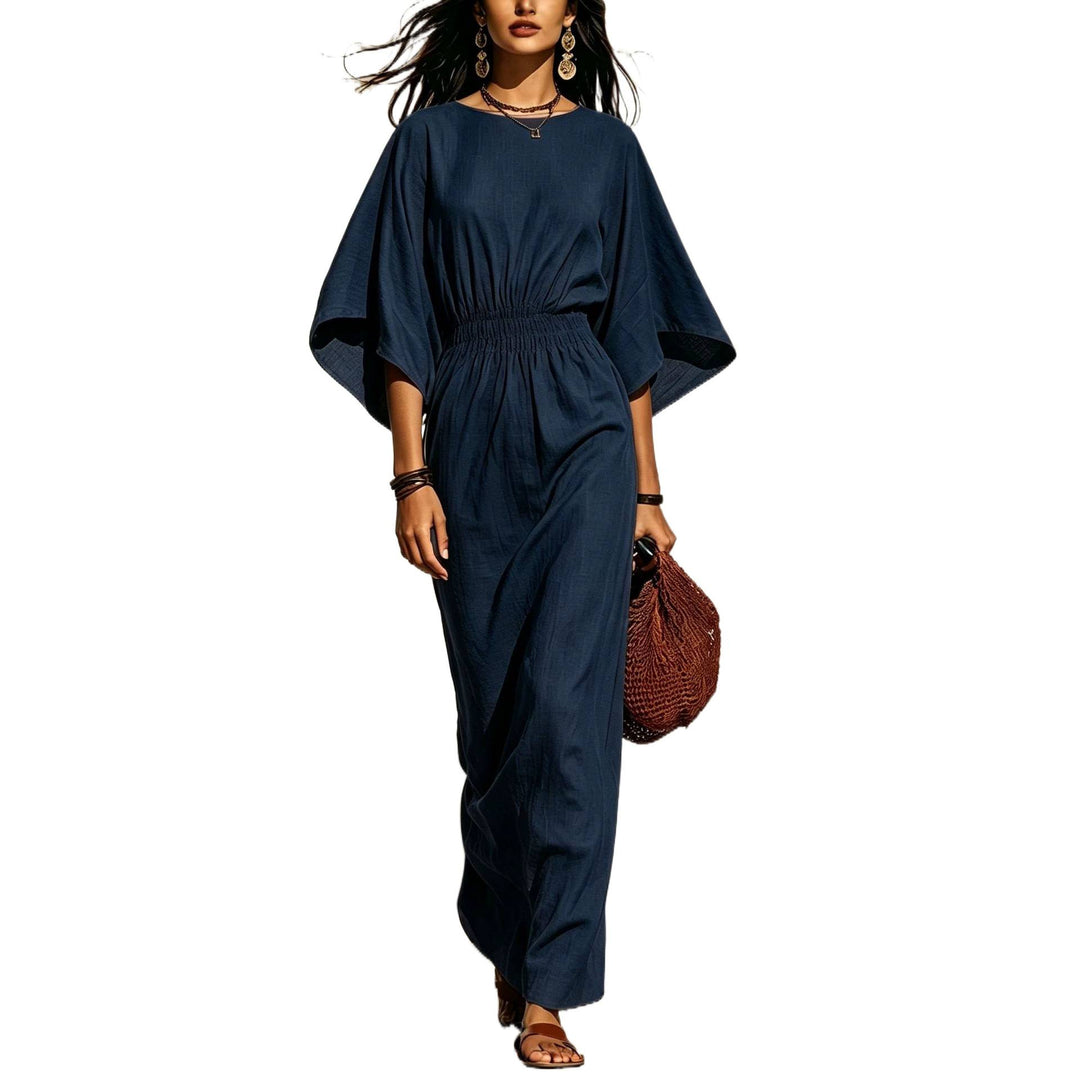 Damen Maxikleid mit Fledermausärmeln und geraffter Smock-Taillierung Nord Taschen