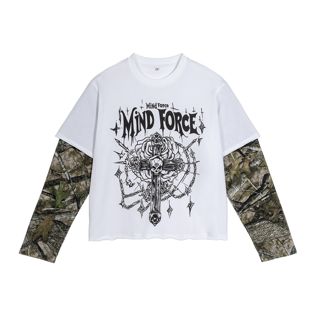 Herren Lagen-Langarm-T-Shirt mit Camouflage-Innensärmeln und Gothic-Print Nord Taschen