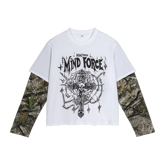 Herren Lagen-Langarm-T-Shirt mit Camouflage-Innensärmeln und Gothic-Print Nord Taschen