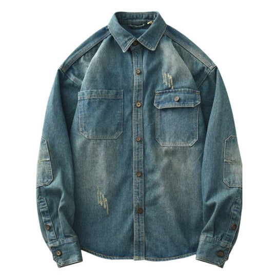 Herren Denim-Hemdjacke im Used-Look mit aufgesetzten Brusttaschen und Knopfleiste Nord Taschen